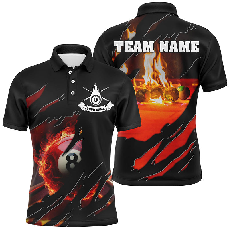 Personalized Fire 8 Ball Pool Polo Shirts, Custom 3D Flame Billiard Balls Team Jerseys