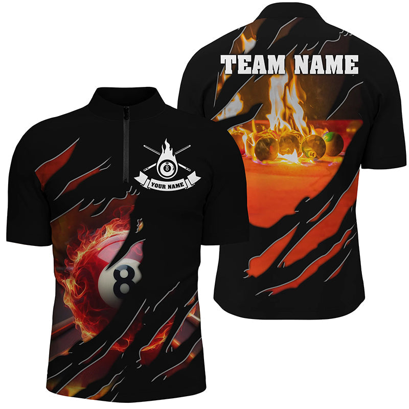Personalized Fire 8 Ball Pool Quarter-Zip Shirts, 3D Flame Billiard Balls Team Jerseys