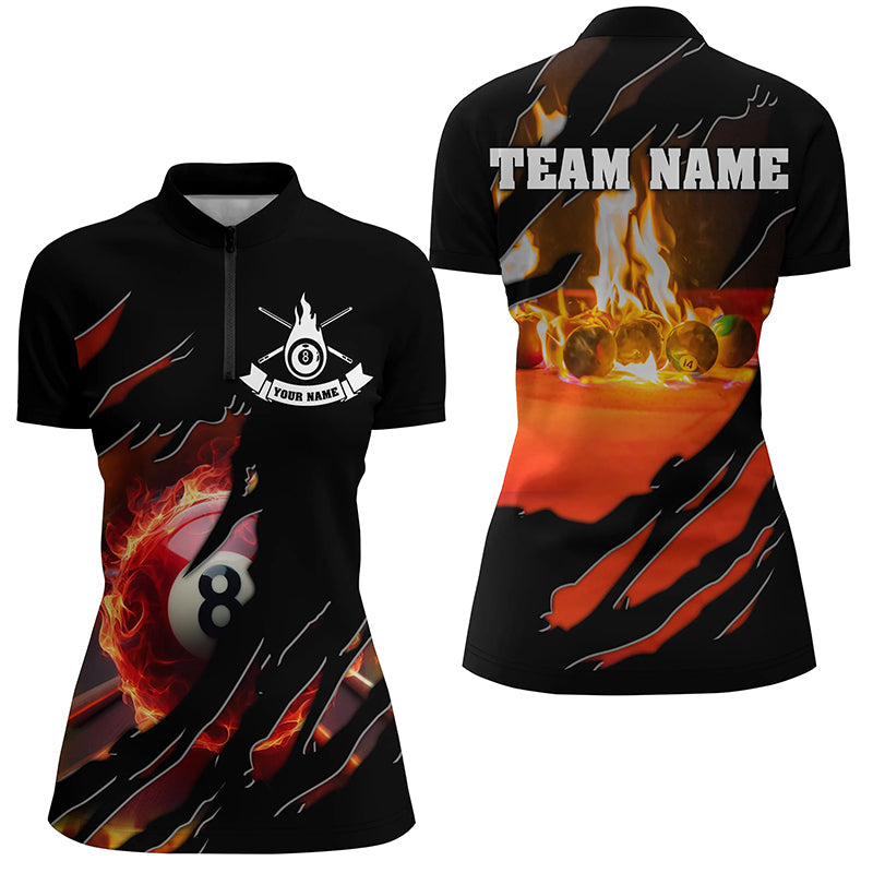Personalized Fire 8 Ball Pool Quarter-Zip Shirts, 3D Flame Billiard Balls Team Jerseys