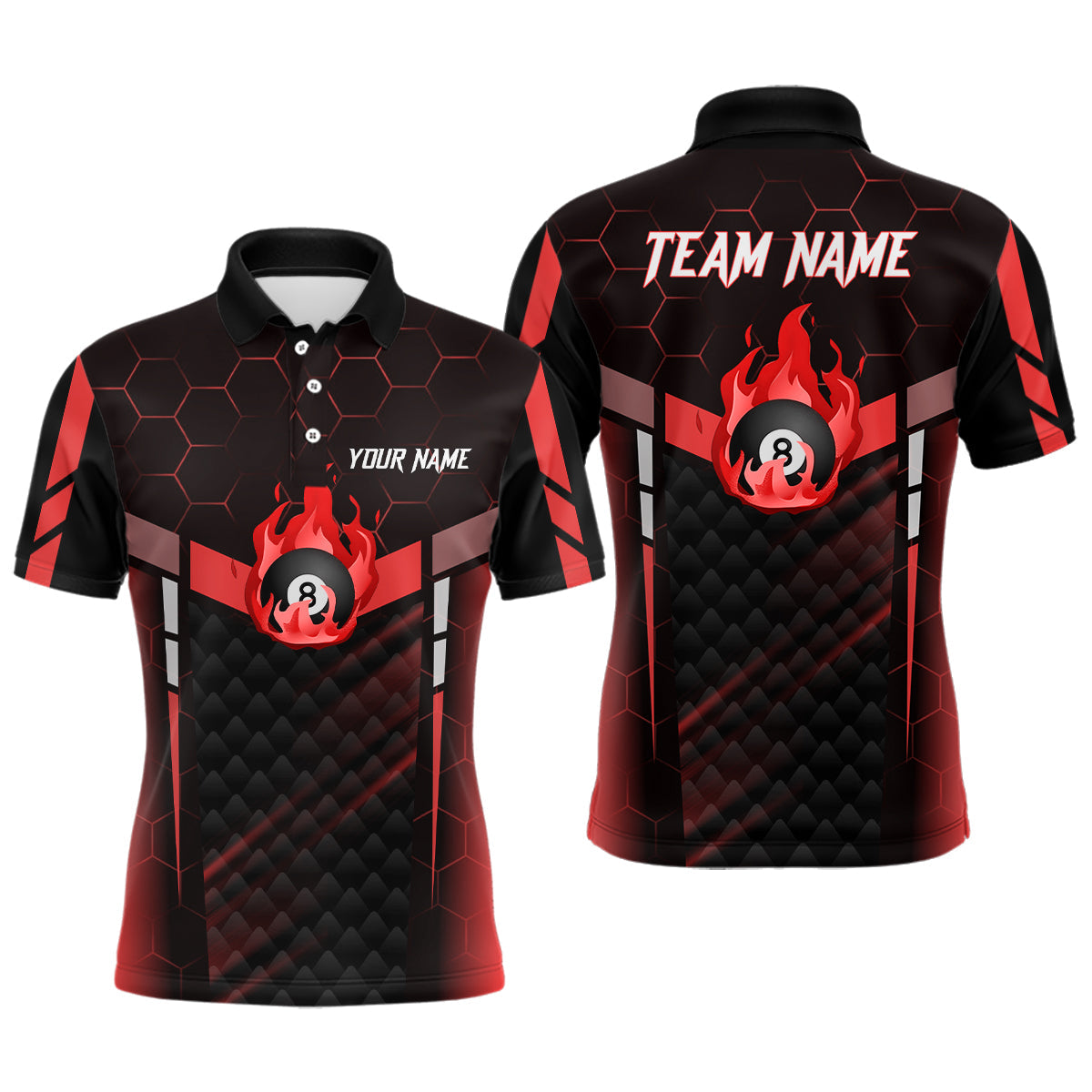 Personalized Red Fire 8 Ball Billiard 3D Polo Shirts, Custom 8 Ball Pool Team Jerseys