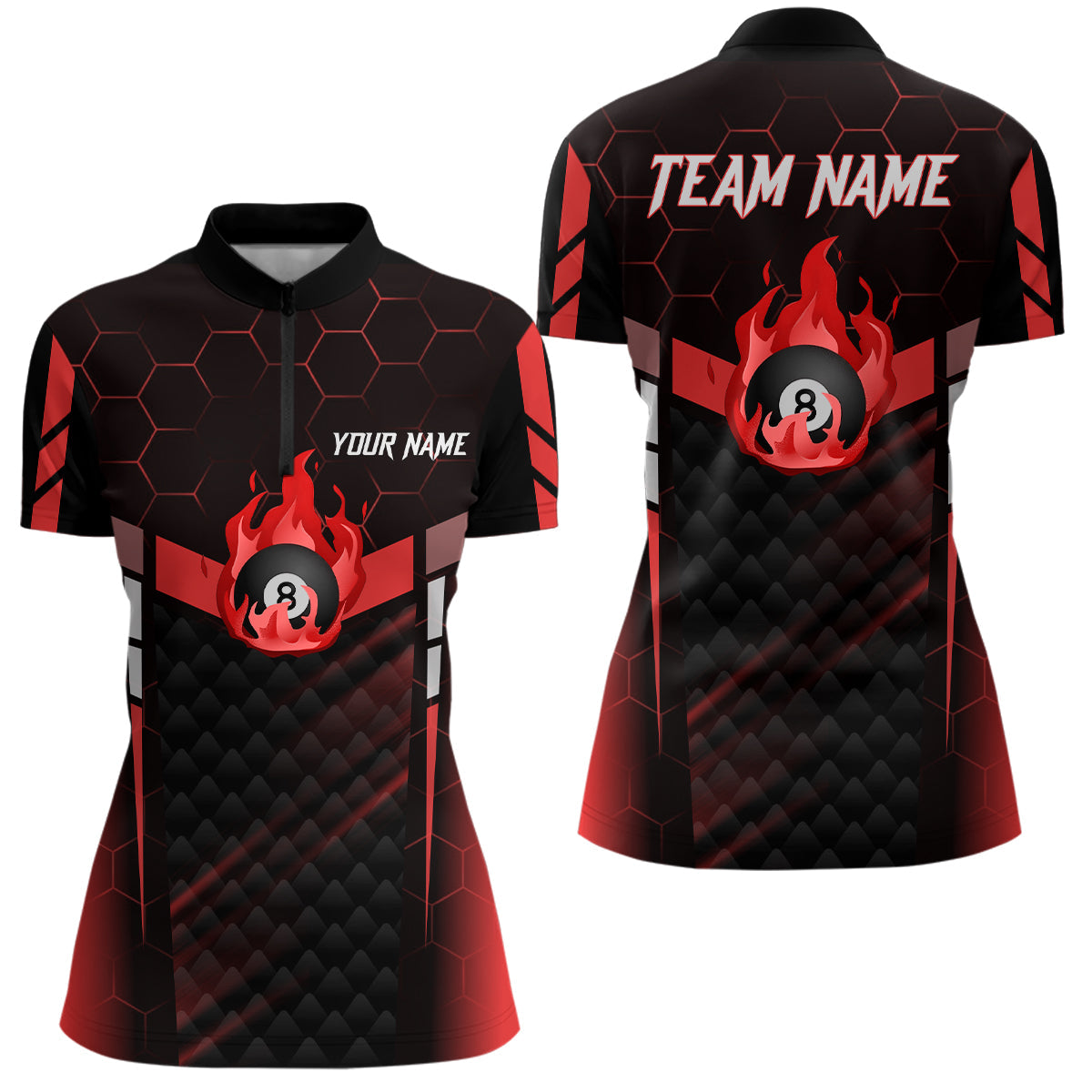 Personalized Red Fire 8 Ball Billiard 3D Quarter-Zip Shirts, 8 Ball Pool Team Jerseys