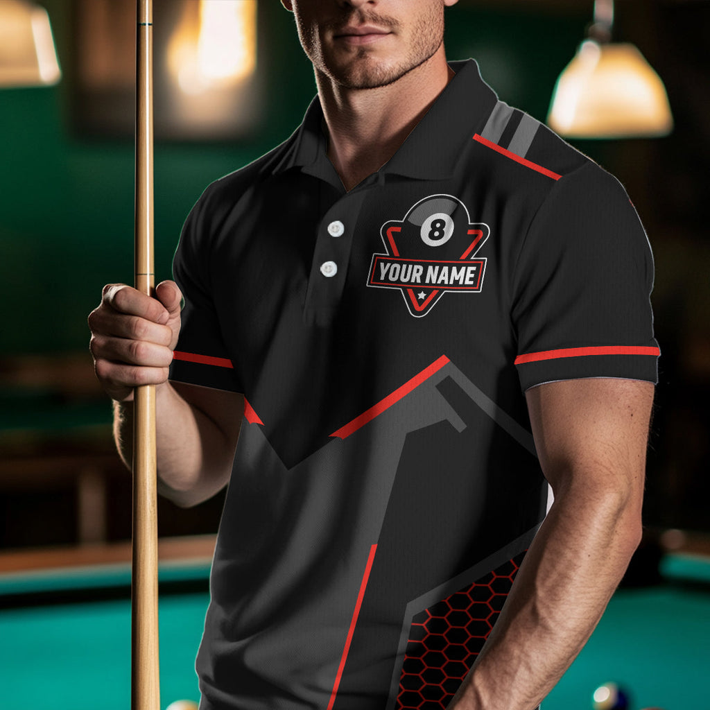 Personalized Style Black Red 8 Ball Billiard 3D Polo Shirts, Custom 8 Ball Pool Team Shirts
