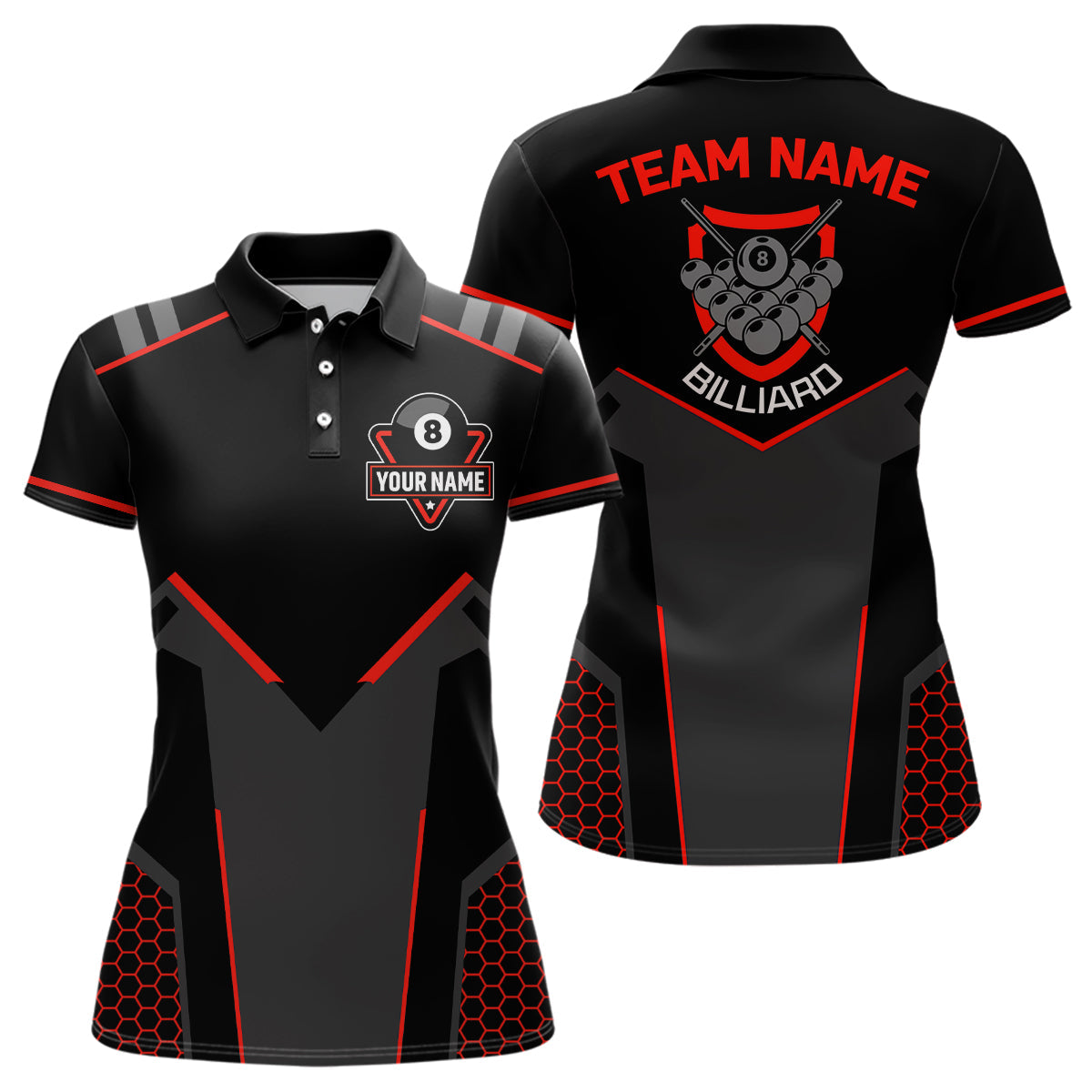 Personalized Style Black Red 8 Ball Billiard 3D Polo Shirts, Custom 8 Ball Pool Team Shirts