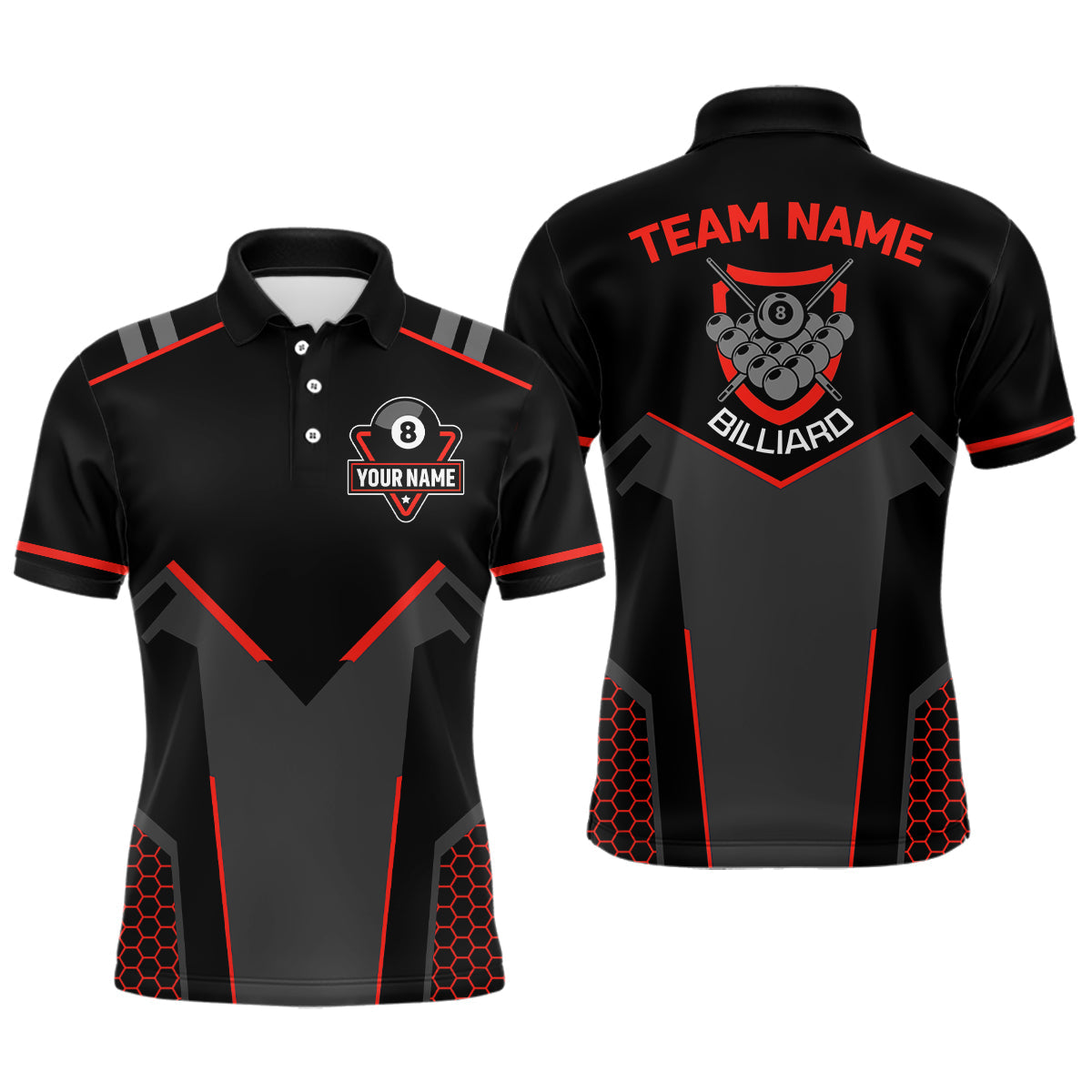 Personalized Style Black Red 8 Ball Billiard 3D Polo Shirts, Custom 8 Ball Pool Team Shirts