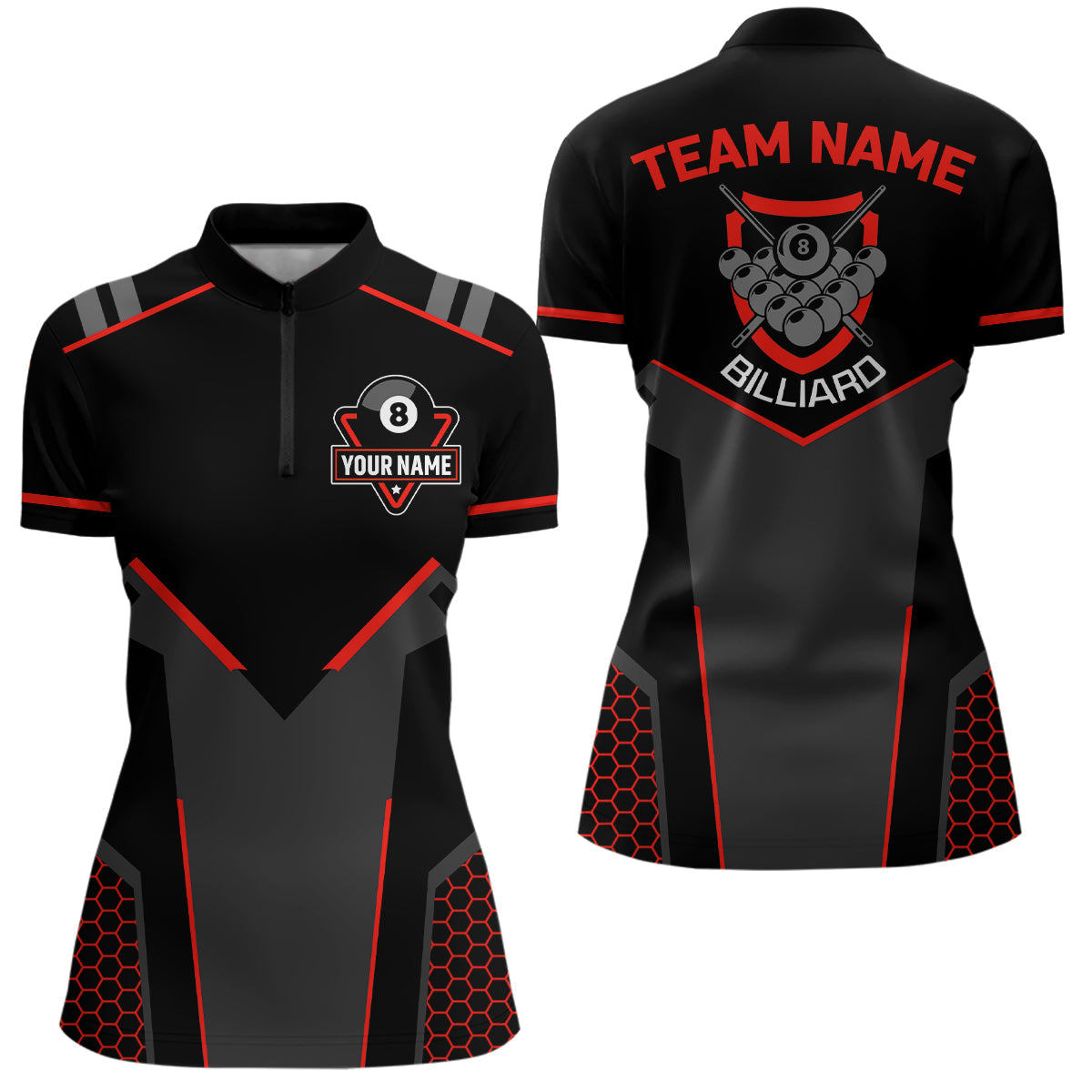 Personalized Style Black Red 8 Ball Billiard 3D Quarter-Zip Shirts, 8 Ball Pool Team Shirts