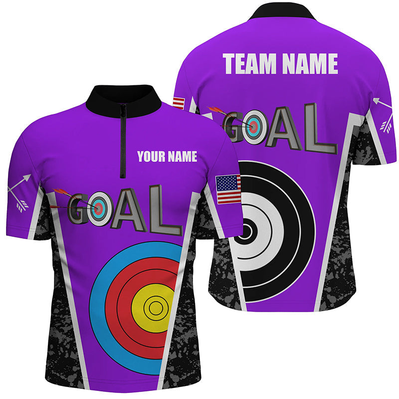 Custom Name Purple Archery Goal Quarter-Zip Shirts, 3D Target Archery Jerseys For Team