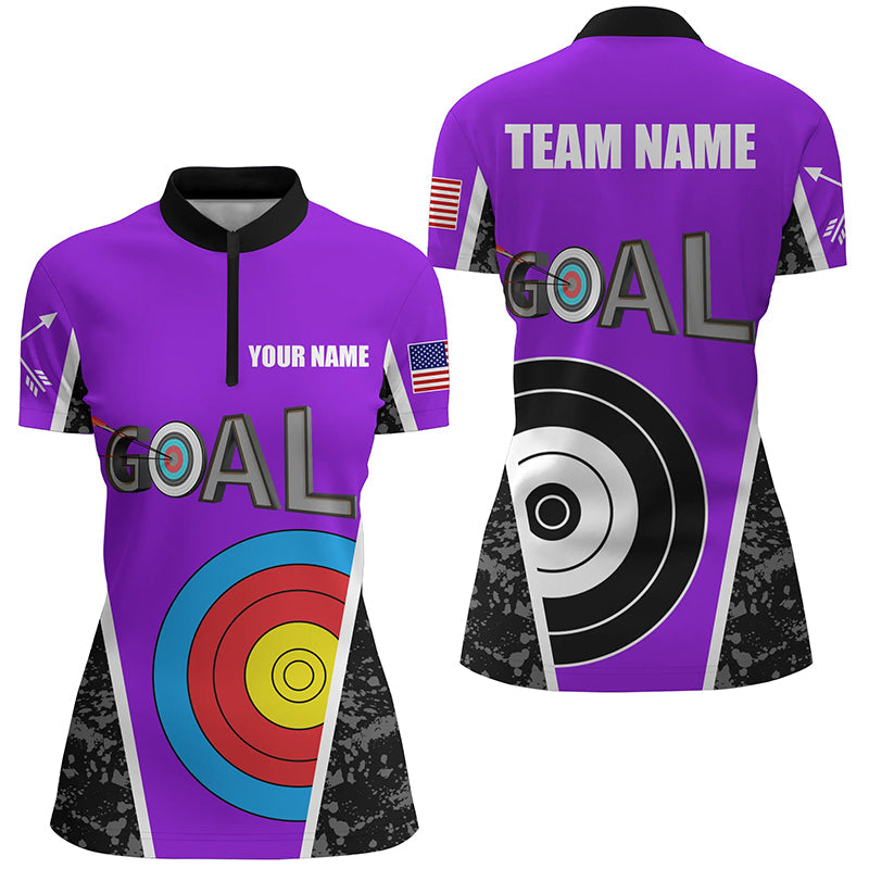 Custom Name Purple Archery Goal Quarter-Zip Shirts, 3D Target Archery Jerseys For Team