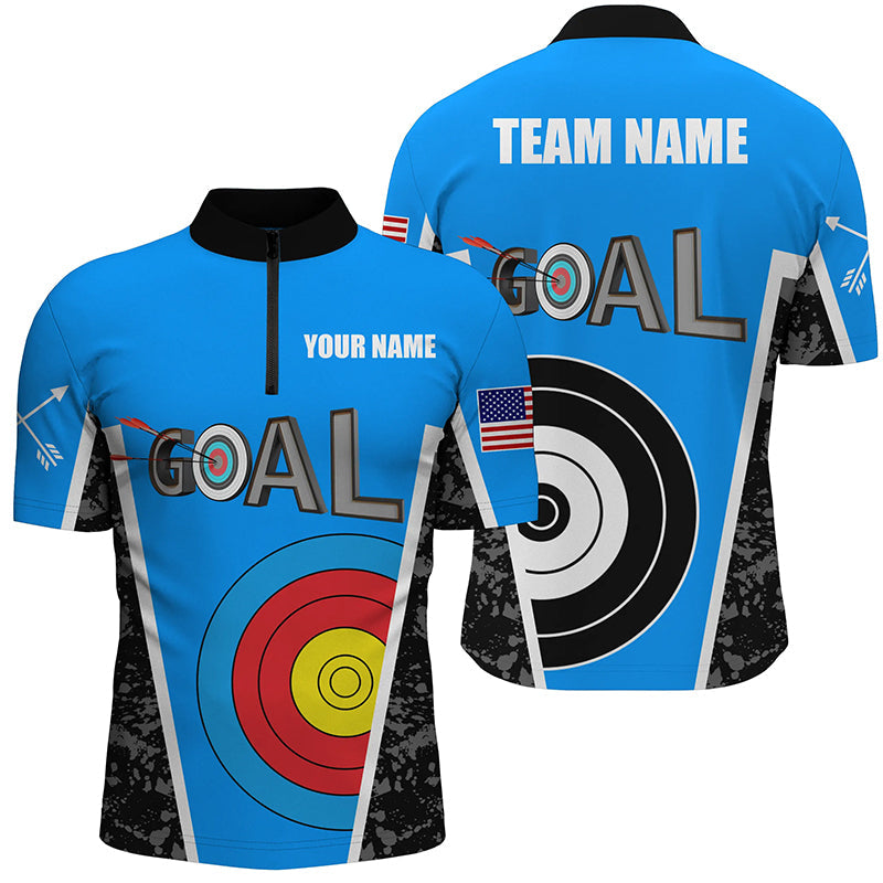 Custom Name Blue Archery Goal Quarter-Zip Shirts, 3D Target Archery Jerseys For Team