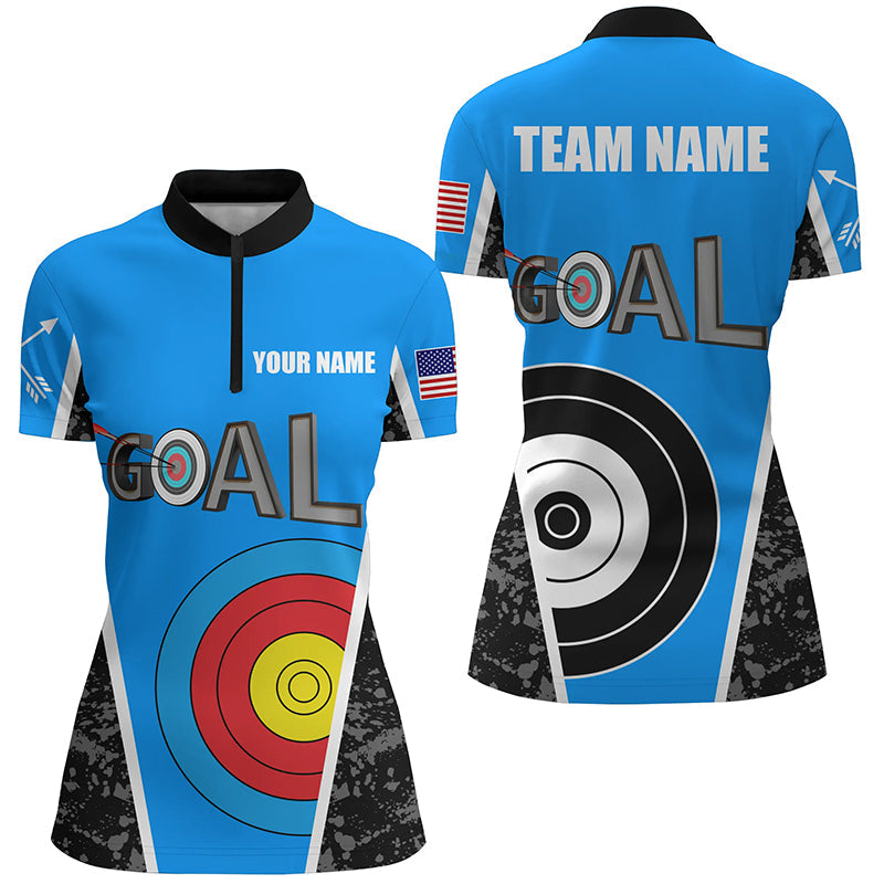 Custom Name Blue Archery Goal Quarter-Zip Shirts, 3D Target Archery Jerseys For Team