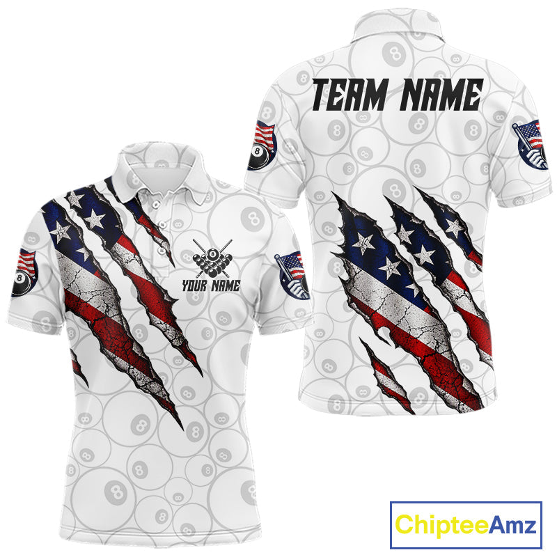 Personalized White Grunge American Flag Billiard Shirt, Patriotic 8 Ball Pool Team Jersey