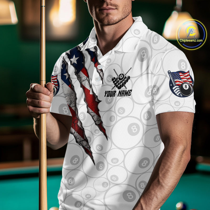 Personalized White Grunge American Flag Billiard Shirt, Patriotic 8 Ball Pool Team Jersey