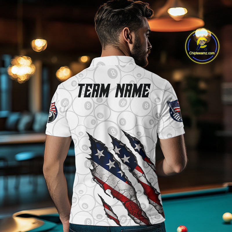 Personalized White Grunge American Flag Billiard Shirt, Patriotic 8 Ball Pool Team Jersey