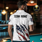 Personalized White Grunge American Flag Billiard Shirt, Patriotic 8 Ball Pool Team Jersey