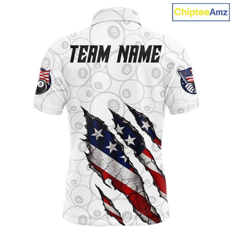 Personalized White Grunge American Flag Billiard Shirt, Patriotic 8 Ball Pool Team Jersey