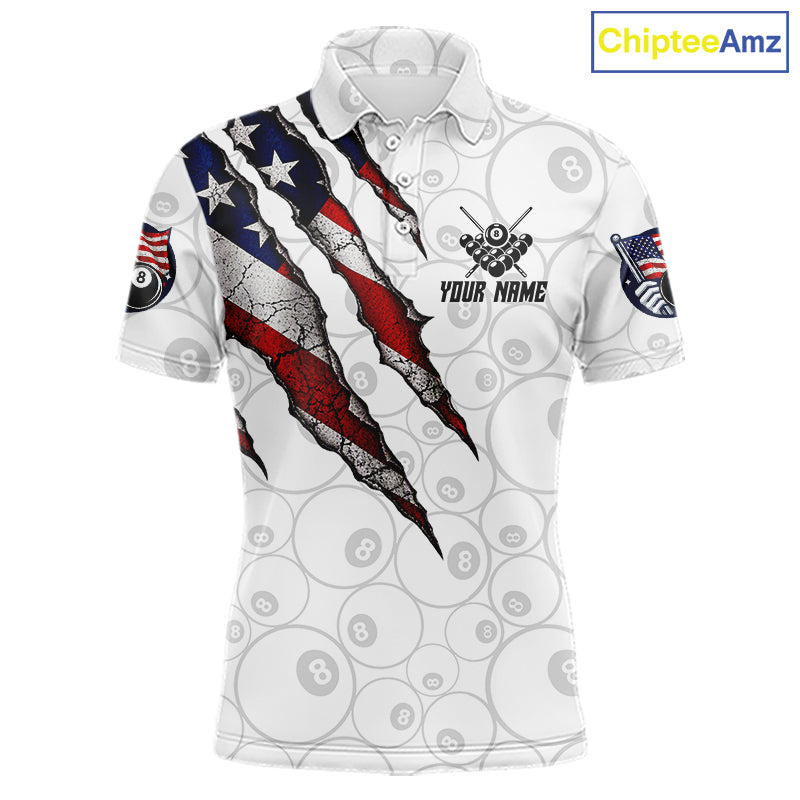 Personalized White Grunge American Flag Billiard Shirt, Patriotic 8 Ball Pool Team Jersey