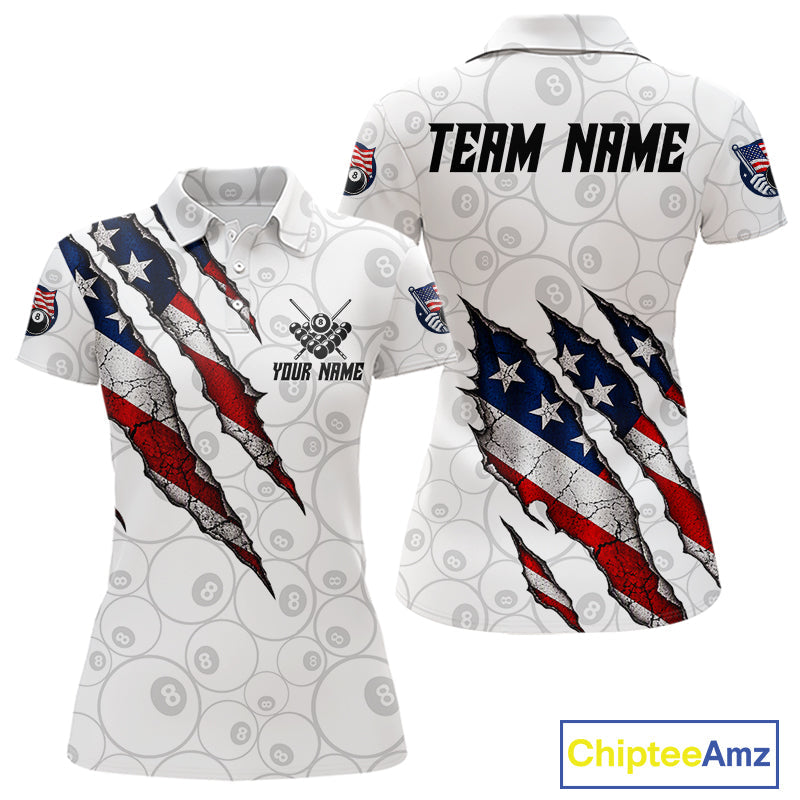 Personalized White Grunge American Flag Billiard Shirt, Patriotic 8 Ball Pool Team Jersey