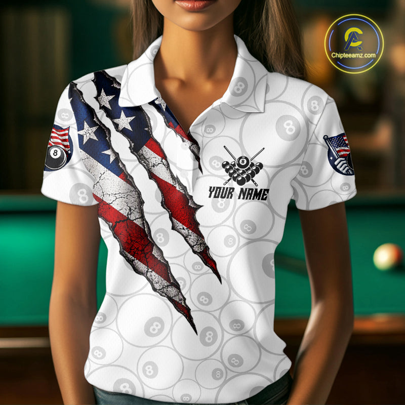 Personalized White Grunge American Flag Billiard Shirt, Patriotic 8 Ball Pool Team Jersey