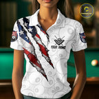 Personalized White Grunge American Flag Billiard Shirt, Patriotic 8 Ball Pool Team Jersey