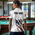 Personalized White Grunge American Flag Billiard Shirt, Patriotic 8 Ball Pool Team Jersey