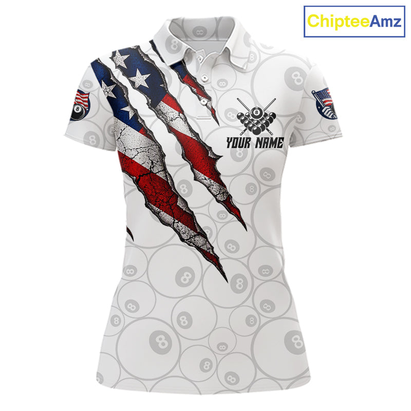Personalized White Grunge American Flag Billiard Shirt, Patriotic 8 Ball Pool Team Jersey