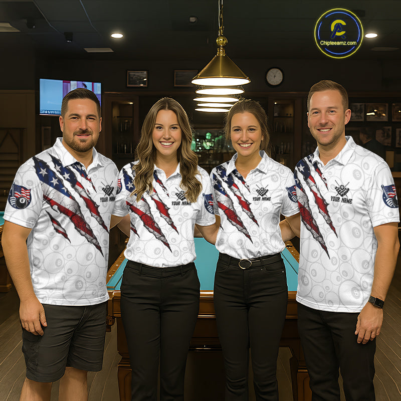 Personalized White Grunge American Flag Billiard Shirt, Patriotic 8 Ball Pool Team Jersey