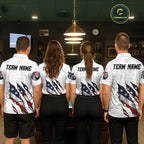 Personalized White Grunge American Flag Billiard Shirt, Patriotic 8 Ball Pool Team Jersey