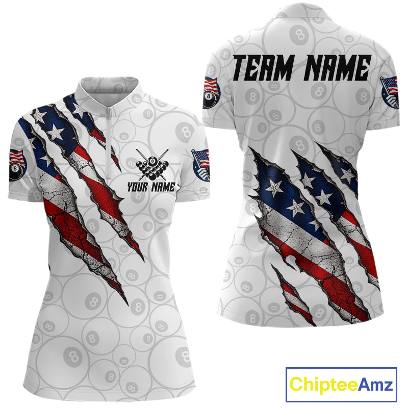 Personalized White Grunge American Flag Billiard Shirt, Patriotic 8 Ball Pool Team Jersey