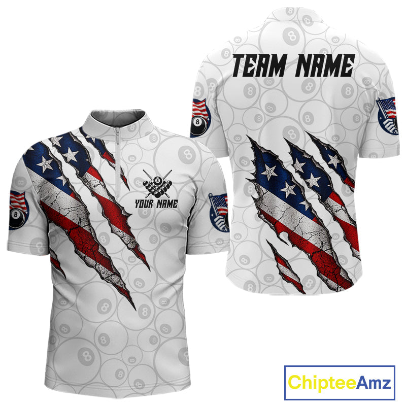 Personalized White Grunge American Flag Billiard Shirt, Patriotic 8 Ball Pool Team Jersey