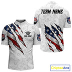 Personalized White Grunge American Flag Billiard Shirt, Patriotic 8 Ball Pool Team Jersey