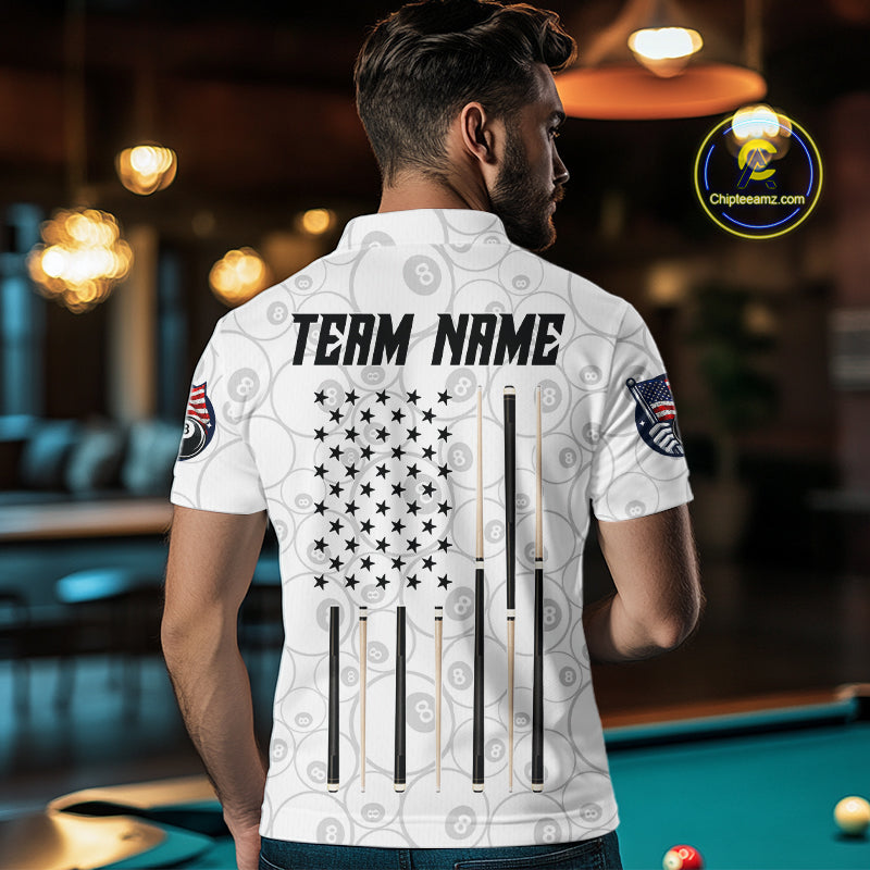 Custom White Grunge 8 Ball Pool American Flag Billiard Jersey, Patriotic Pool Team Shirts