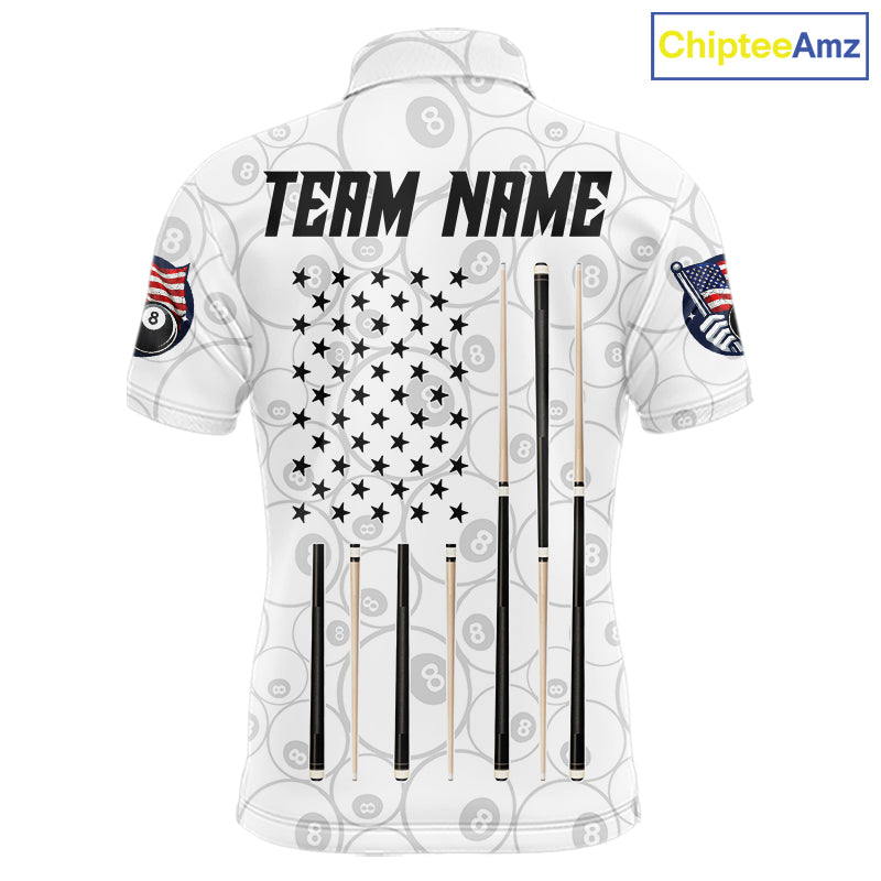 Custom White Grunge 8 Ball Pool American Flag Billiard Jersey, Patriotic Pool Team Shirts