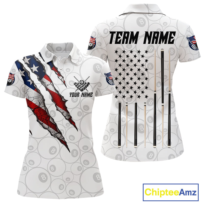 Custom White Grunge 8 Ball Pool American Flag Billiard Jersey, Patriotic Pool Team Shirts