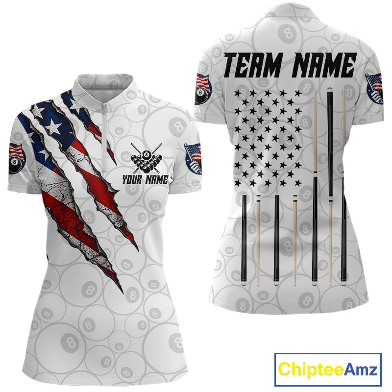 Custom White Grunge 8 Ball Pool American Flag Billiard Jersey, Patriotic Pool Team Shirts