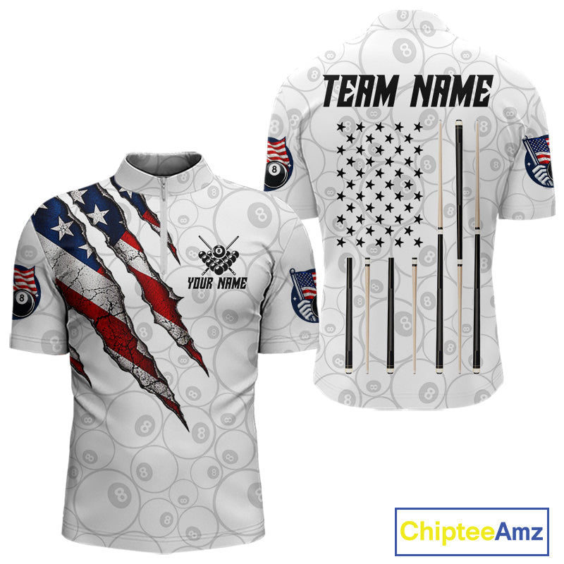 Custom White Grunge 8 Ball Pool American Flag Billiard Jersey, Patriotic Pool Team Shirts