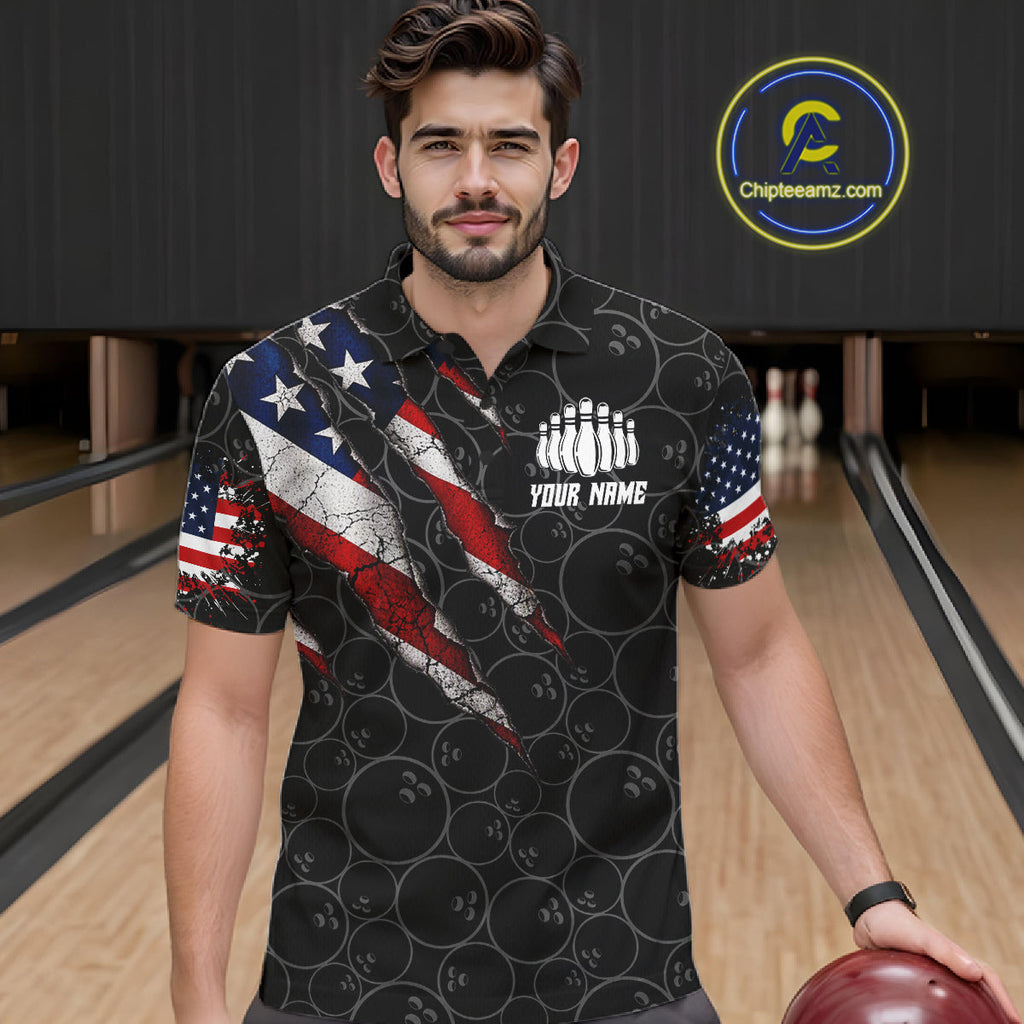Custom Black Grunge American Flag Bowling Shirt, Patriotic Bowling League Team Jersey