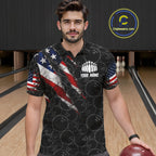 Custom Black Grunge American Flag Bowling Shirt, Patriotic Bowling League Team Jersey