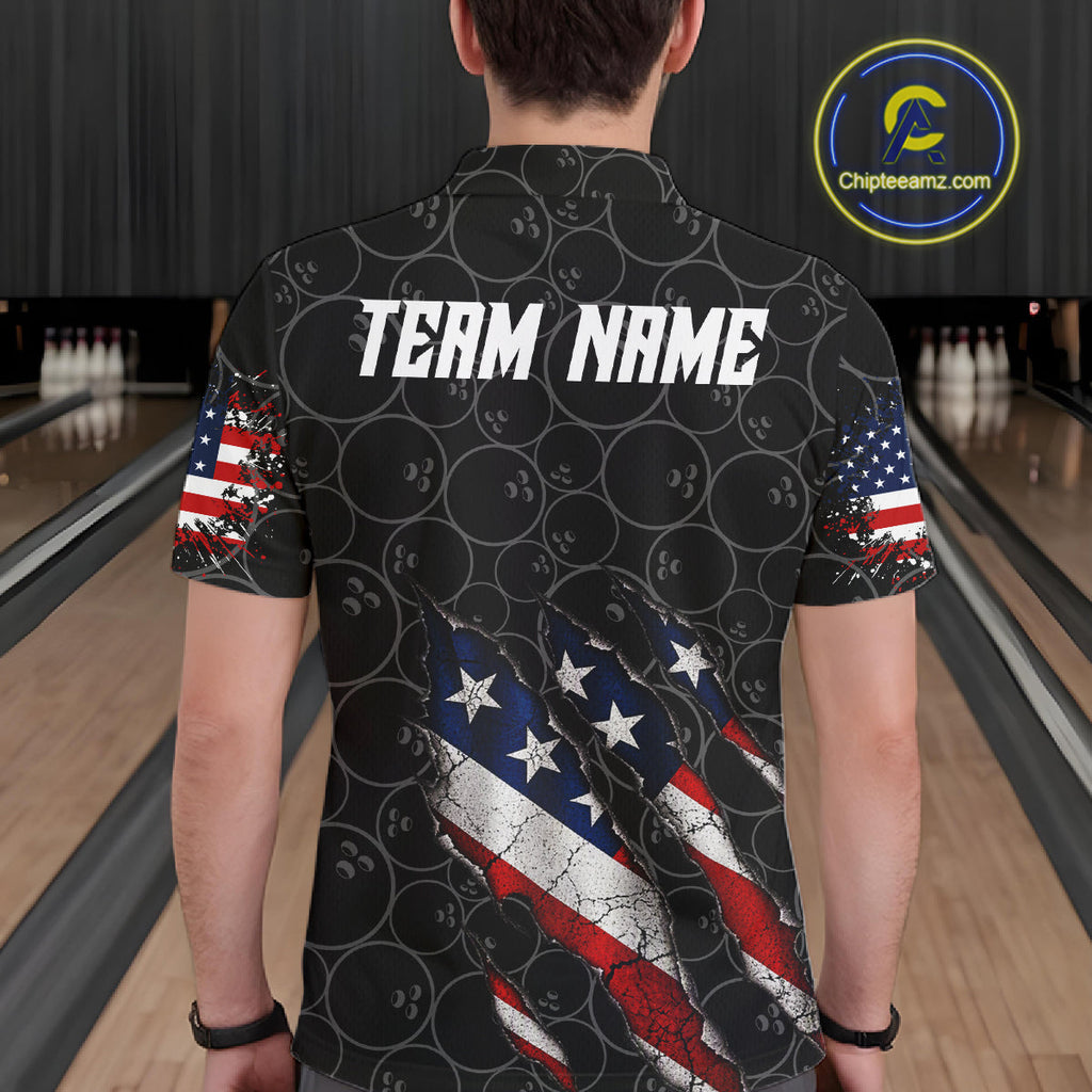 Custom Black Grunge American Flag Bowling Shirt, Patriotic Bowling League Team Jersey