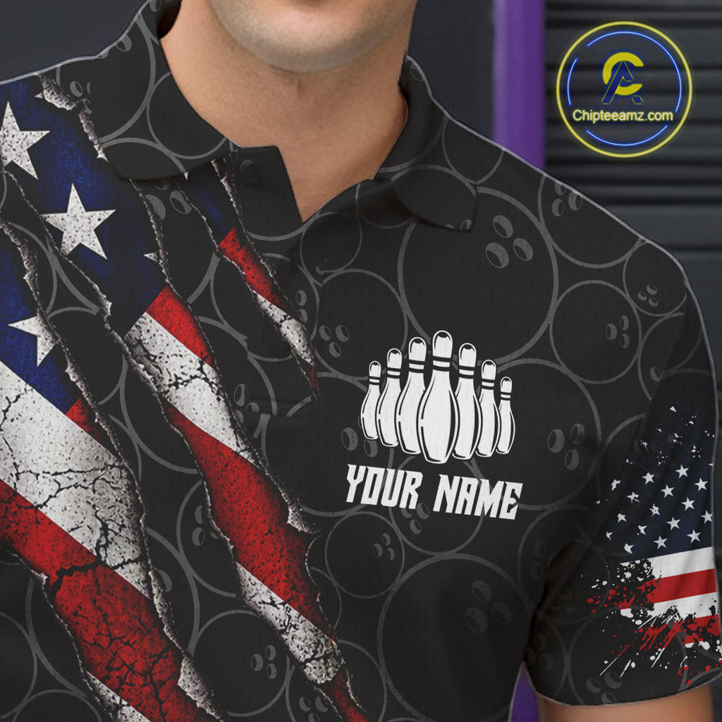 Custom Black Grunge American Flag Bowling Shirt, Patriotic Bowling League Team Jersey