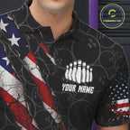Custom Black Grunge American Flag Bowling Shirt, Patriotic Bowling League Team Jersey