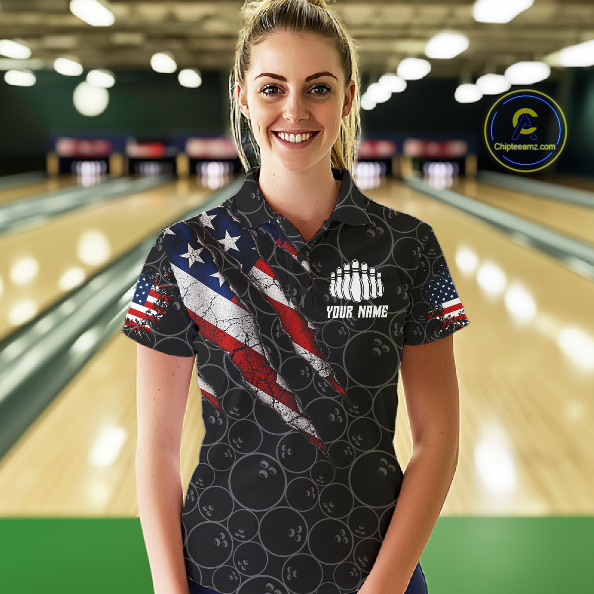 Custom Black Grunge American Flag Bowling Shirt, Patriotic Bowling League Team Jersey
