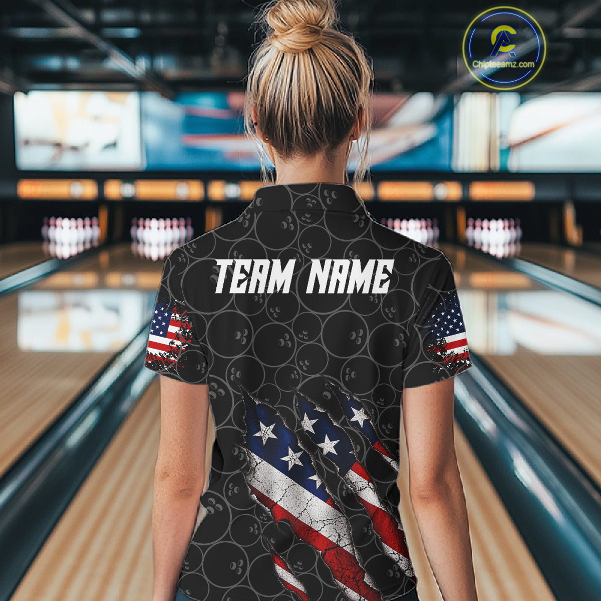 Custom Black Grunge American Flag Bowling Shirt, Patriotic Bowling League Team Jersey