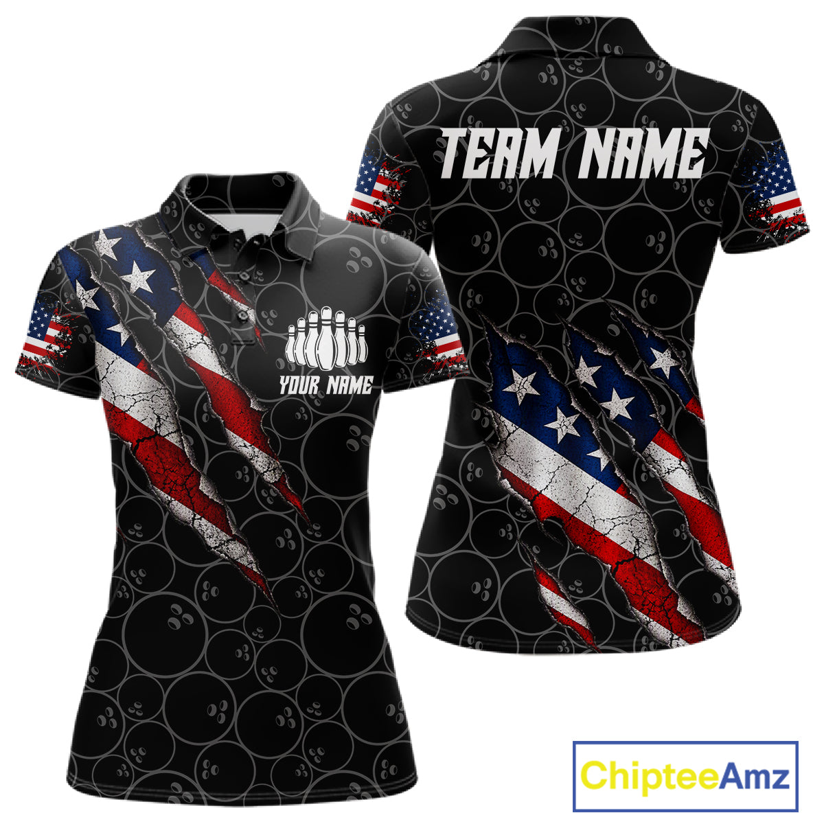 Custom Black Grunge American Flag Bowling Shirt, Patriotic Bowling League Team Jersey