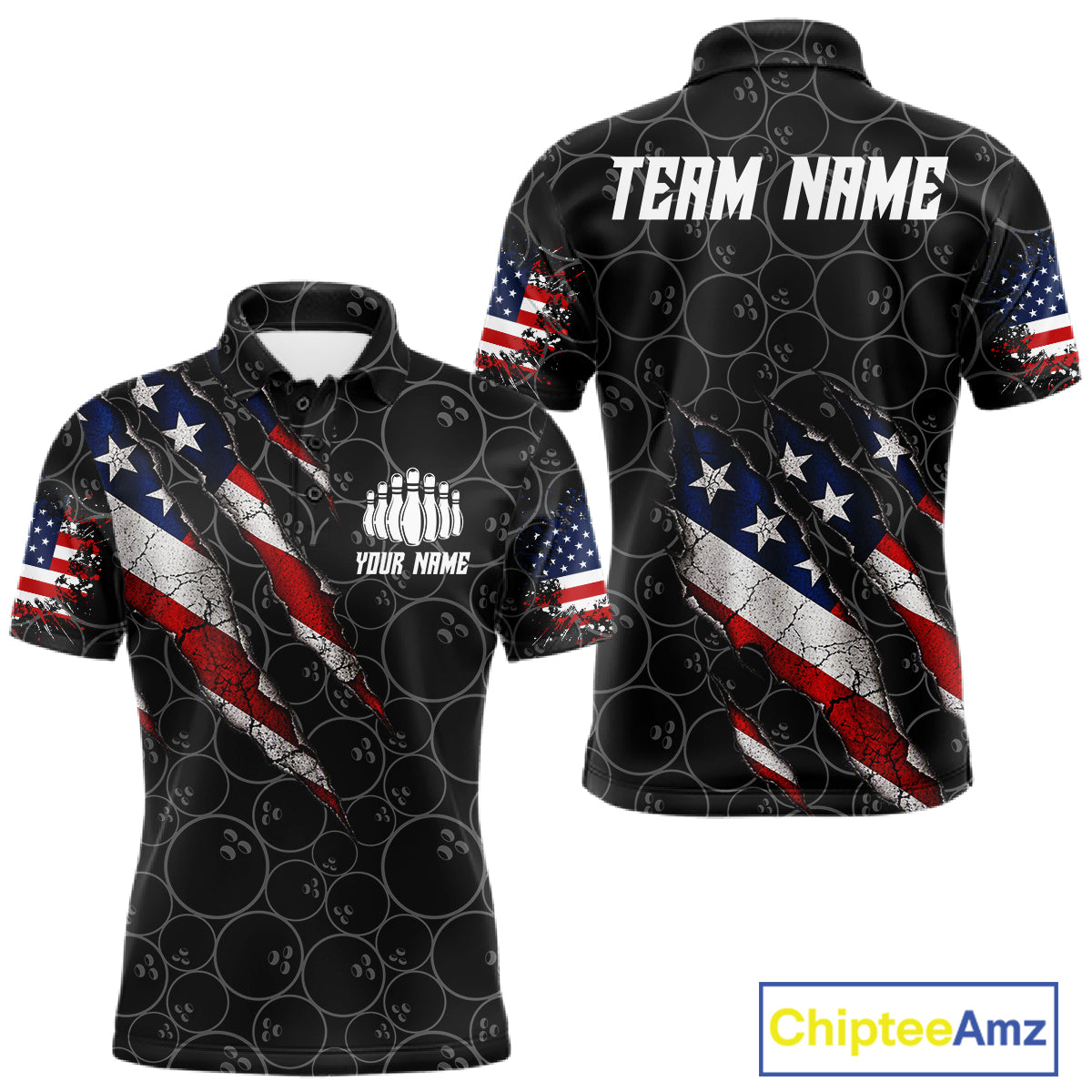 Custom Black Grunge American Flag Bowling Shirt, Patriotic Bowling League Team Jersey