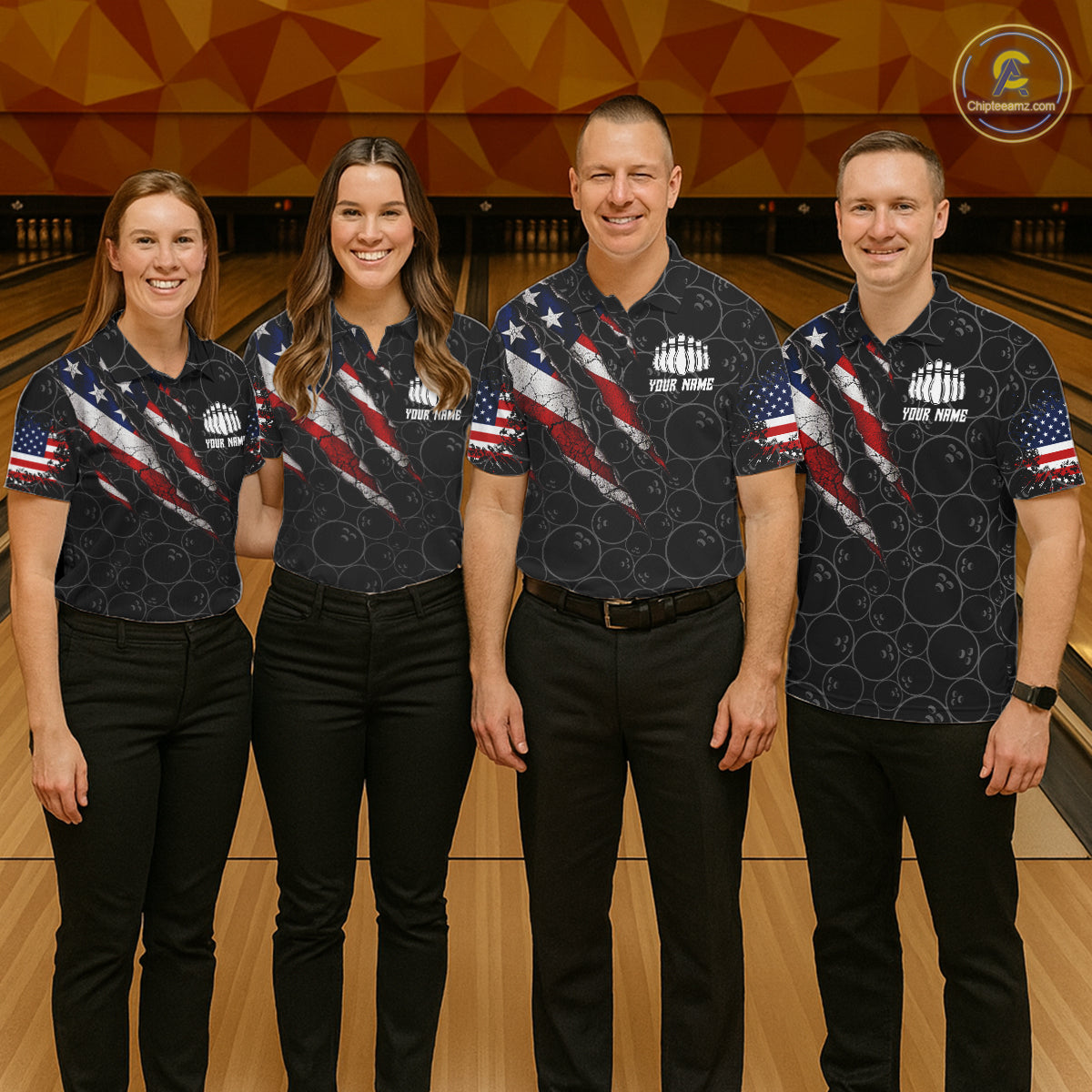 Custom Black Grunge American Flag Bowling Shirt, Patriotic Bowling League Team Jersey