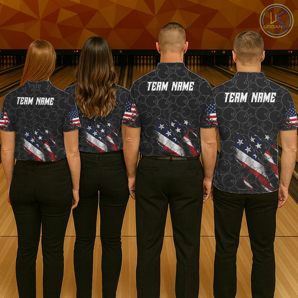 Custom Black Grunge American Flag Bowling Shirt, Patriotic Bowling League Team Jersey