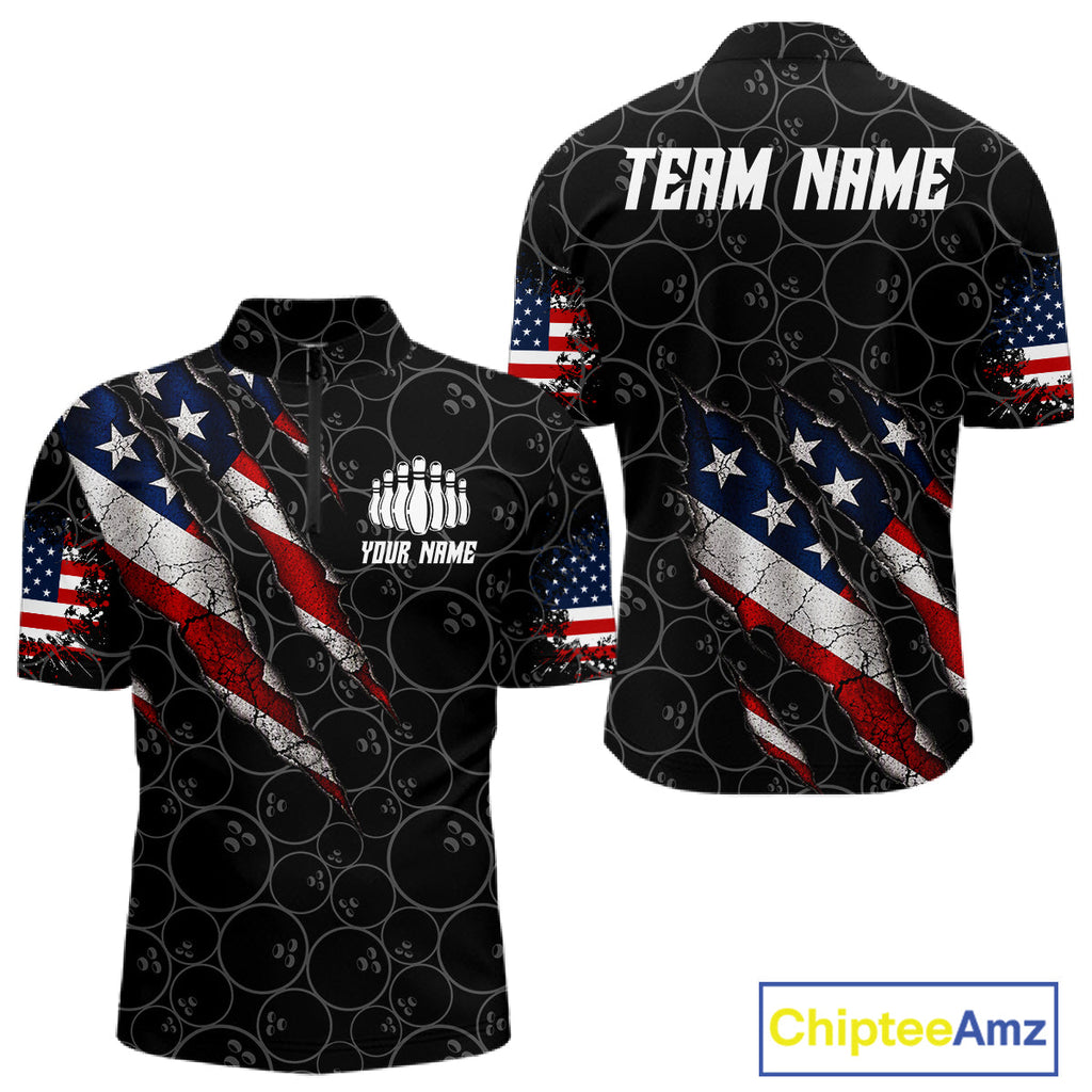 Custom Black Grunge American Flag Bowling Shirt, Patriotic Bowling League Team Jersey