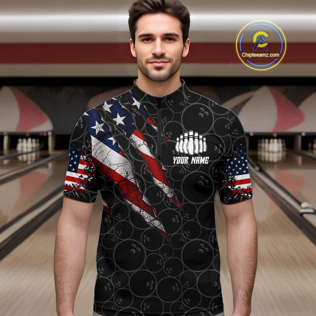 Custom Black Grunge American Flag Bowling Shirt, Patriotic Bowling League Team Jersey