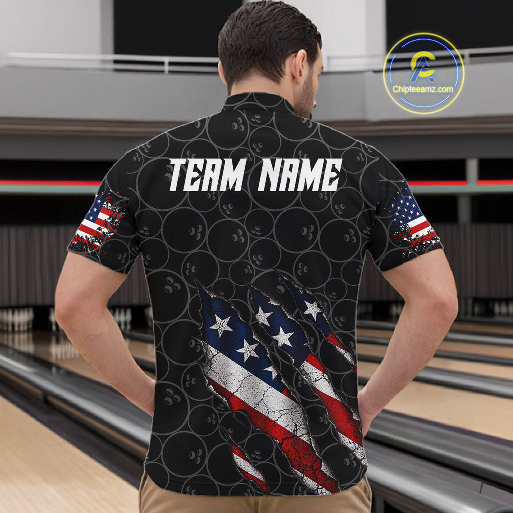Custom Black Grunge American Flag Bowling Shirt, Patriotic Bowling League Team Jersey