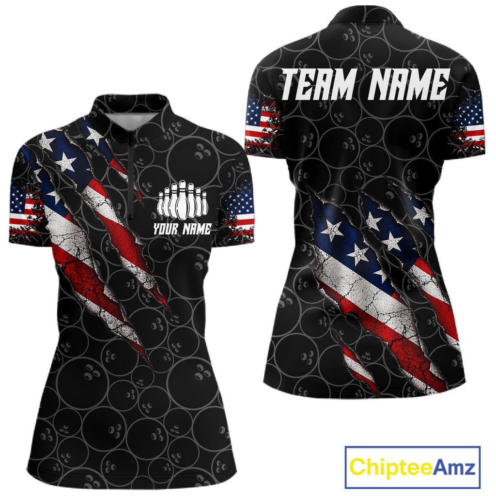 Custom Black Grunge American Flag Bowling Shirt, Patriotic Bowling League Team Jersey