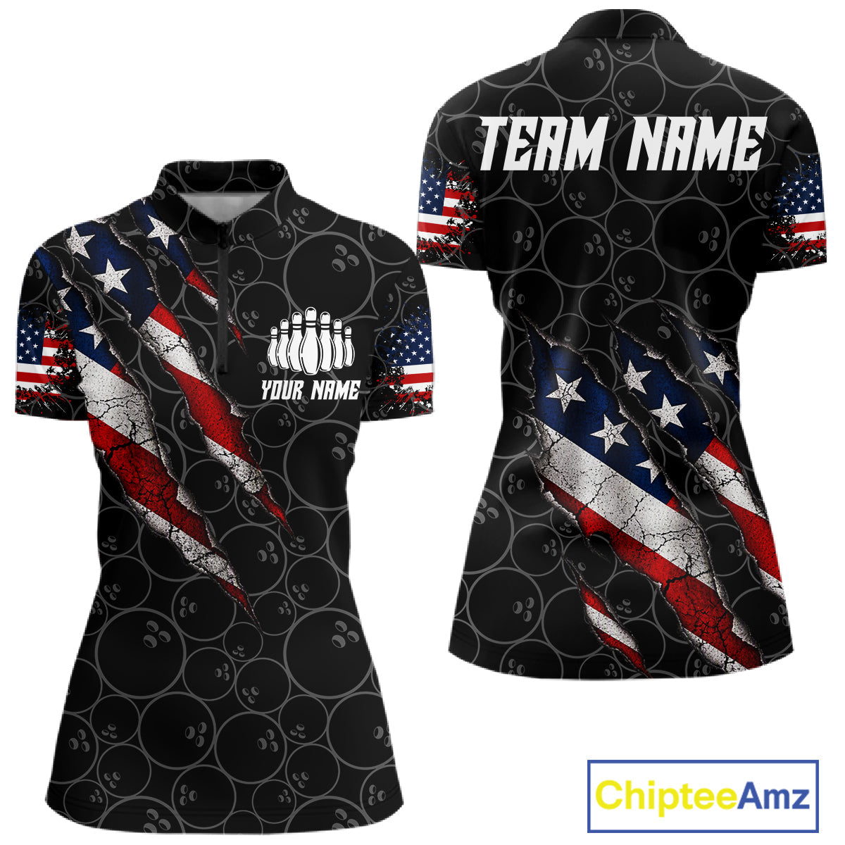 Custom Black Grunge American Flag Bowling Shirt, Patriotic Bowling League Team Jersey